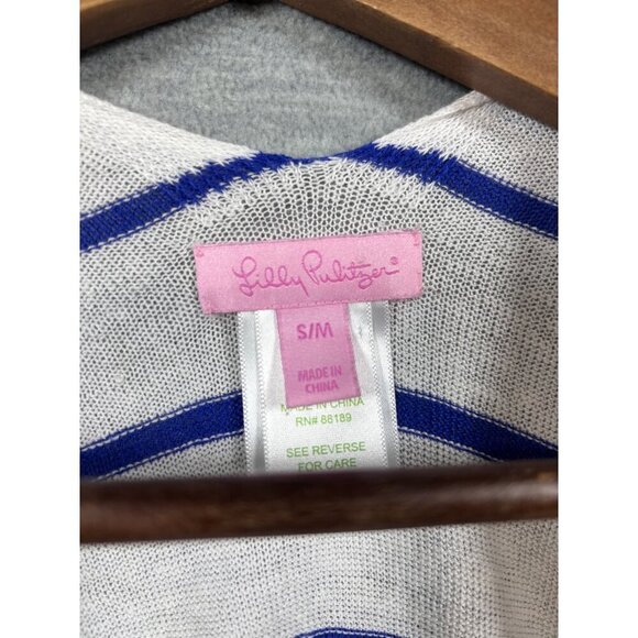 Lilly Pulitzer Myra  White Blue Stripe 100% Linen‎ Open Cardigan Sz S/M - Picture 3 of 6